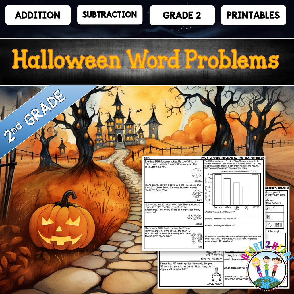 Grade 2 Addition and Subtraction Halloween Word Problems Math Practice Worksheets