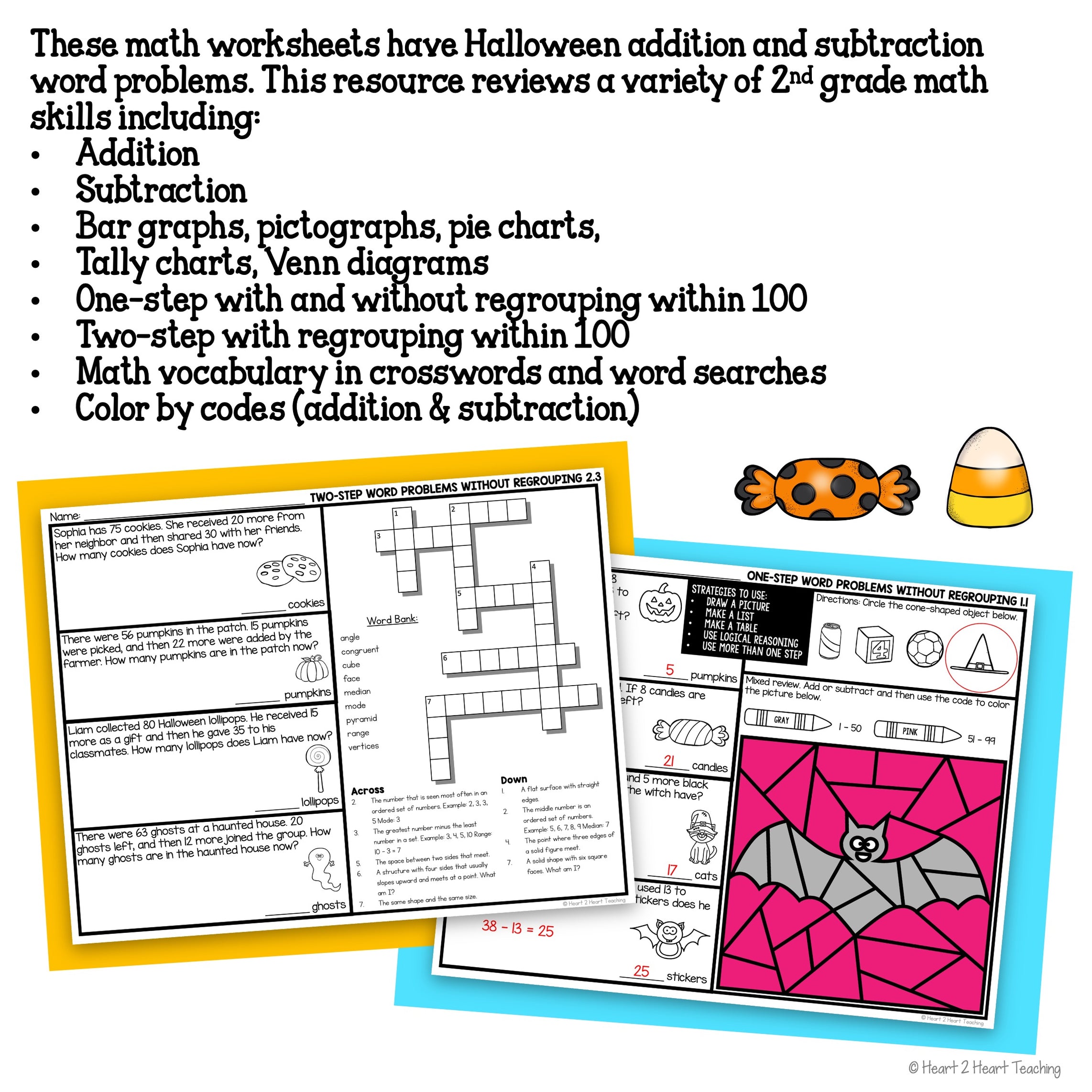 Grade 2 Addition and Subtraction Halloween Word Problems Math Practice ...