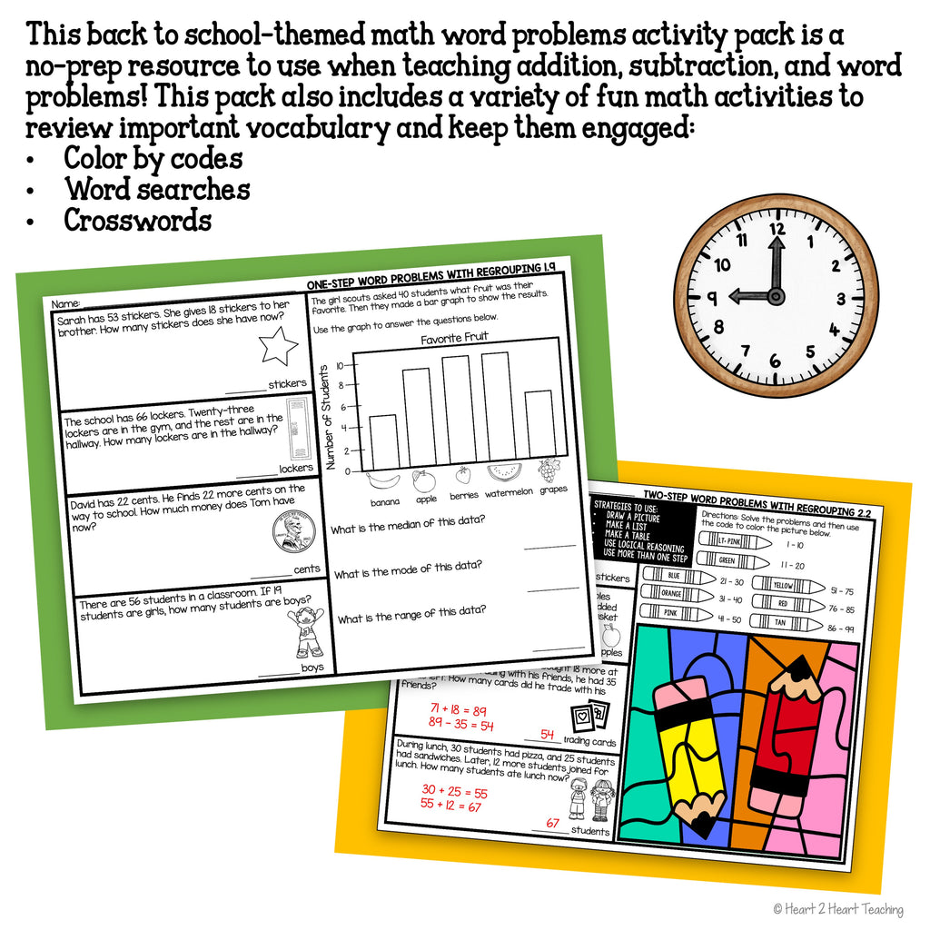 Grade 2 Addition and Subtraction Word Problems Back to School Math Practice Worksheets