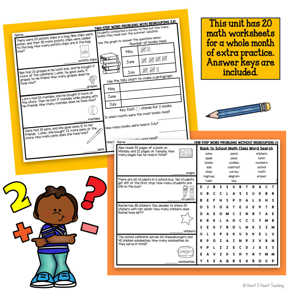 Grade 2 Addition and Subtraction Word Problems Back to School Math Practice Worksheets