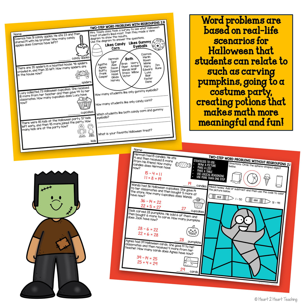 Grade 2 Addition and Subtraction Halloween Word Problems Math Practice Worksheets