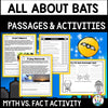 All About Bats passages and activities unit cover with a myth versus fact activity and scavenger hunt