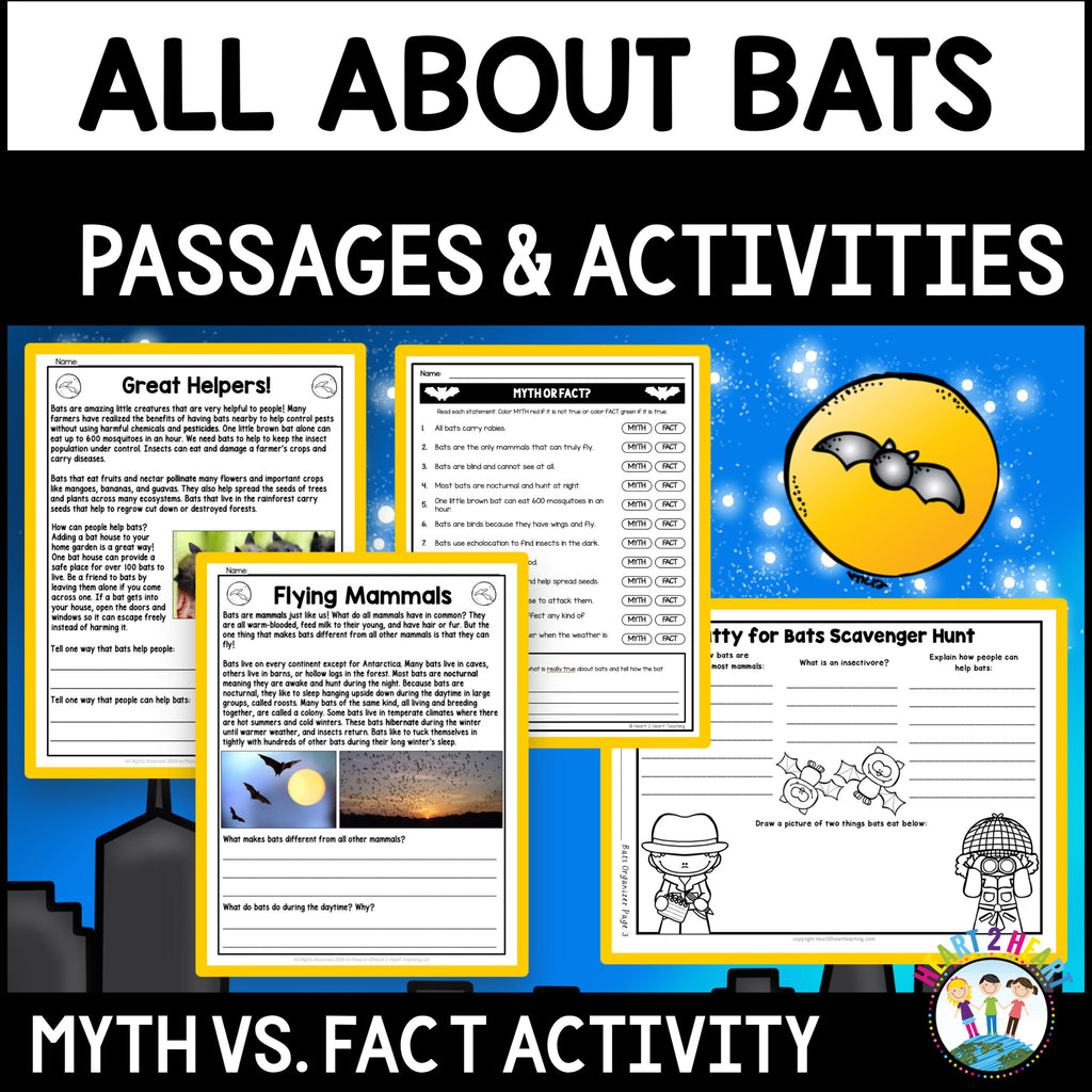 All About Bats passages and activities unit cover with a myth versus fact activity and scavenger hunt