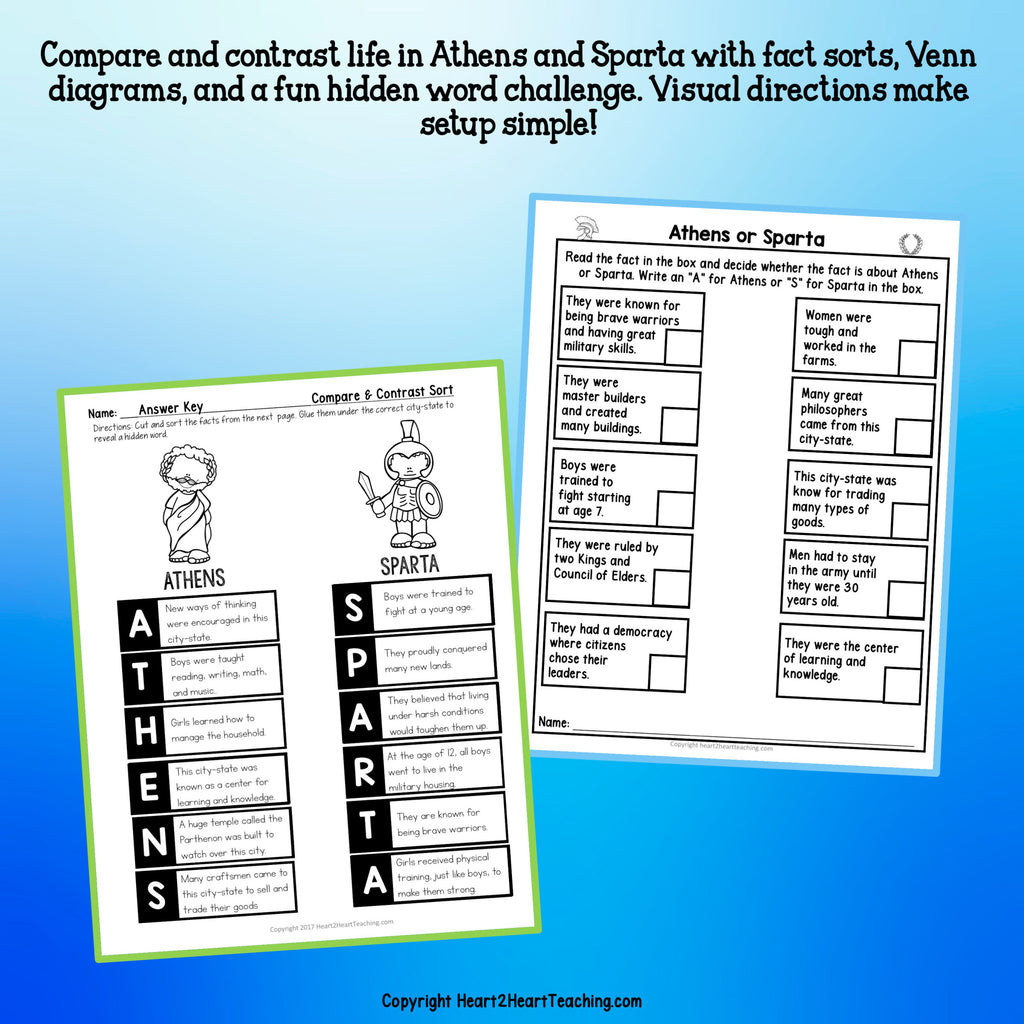 Athens or Sparta fact sort worksheet and cut and paste compare and contrast activity with answer key