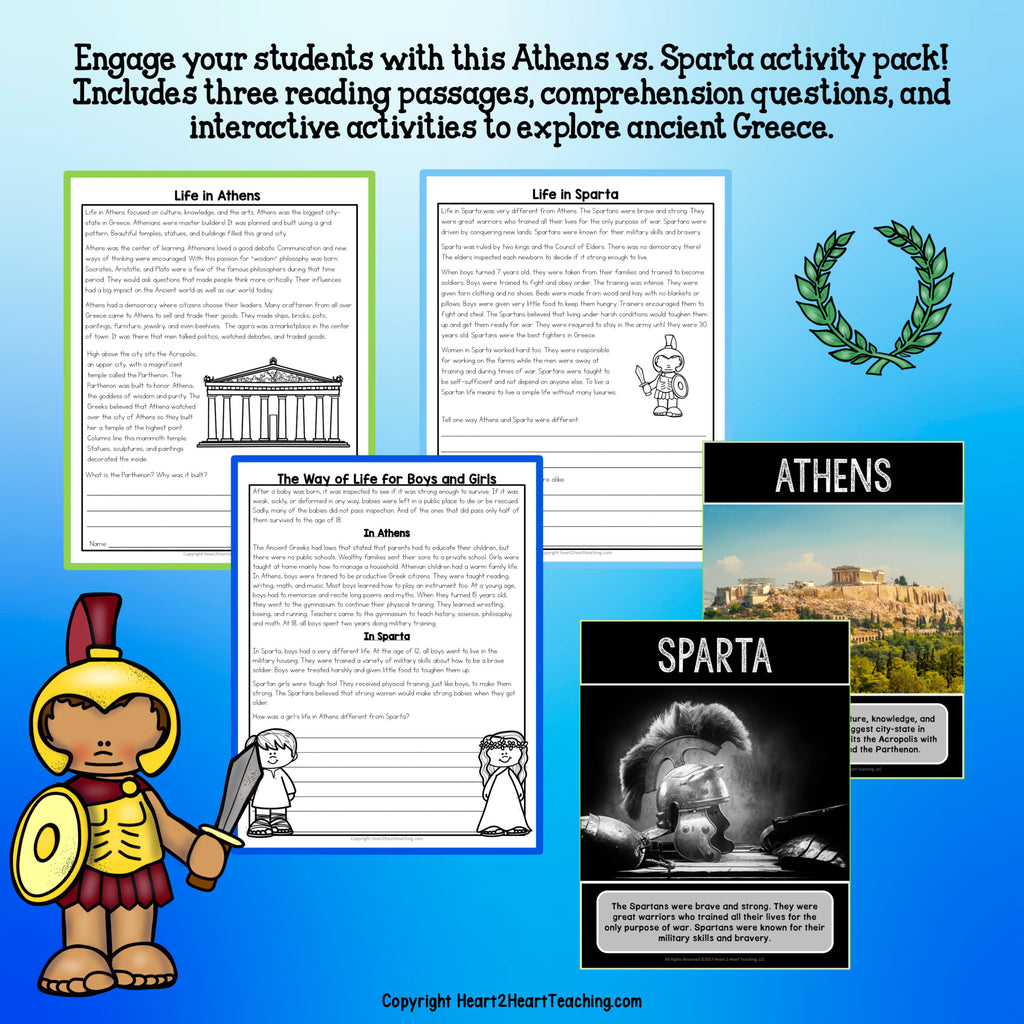 Three ancient Greece reading passages on life in Athens, life in Sparta and daily life for boys and girls