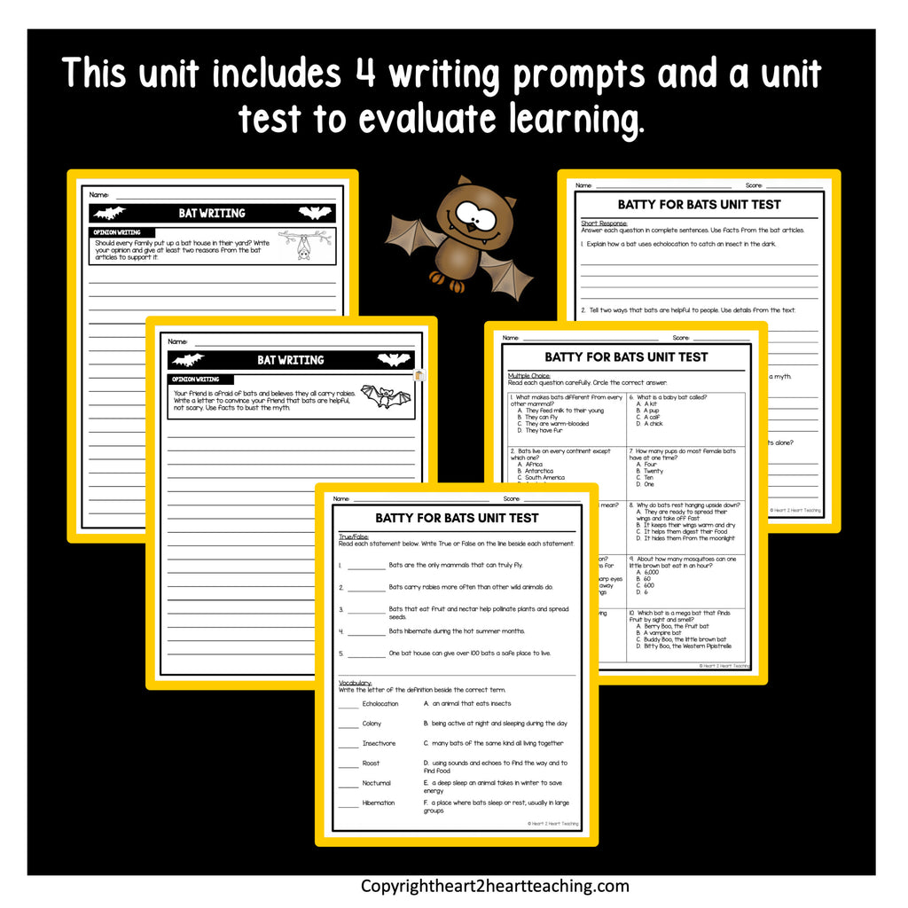 Four bat opinion writing prompts and a Batty for Bats unit test with multiple choice and vocabulary matching