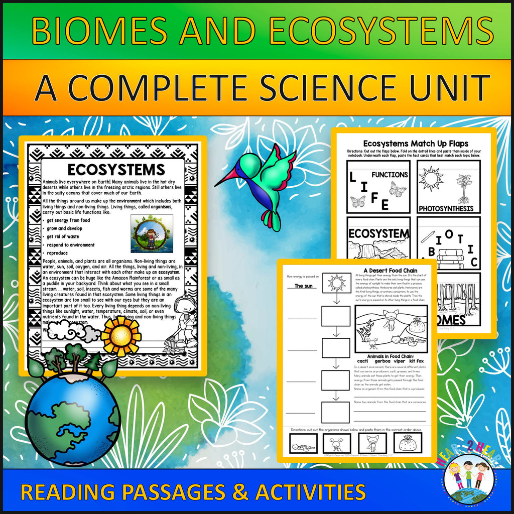 Biomes and ecosystems complete science unit cover with reading passages, match up flaps and a desert food chain
