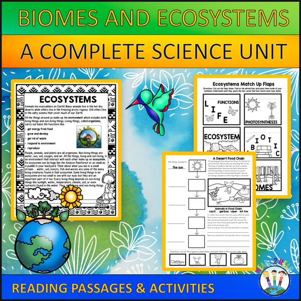 Biomes and ecosystems complete science unit cover with reading passages, match up flaps and a desert food chain