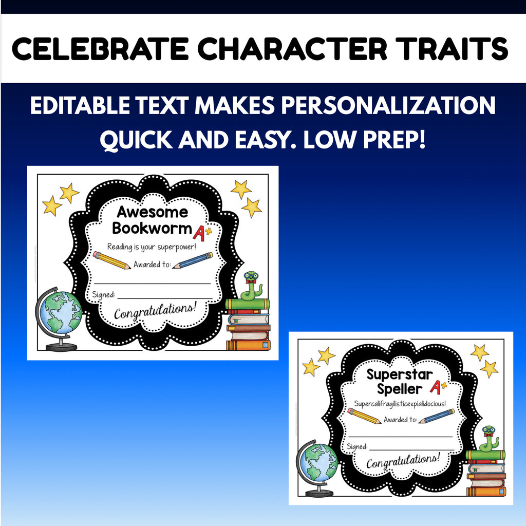 Awesome Bookworm and Superstar Speller character trait certificates with editable text