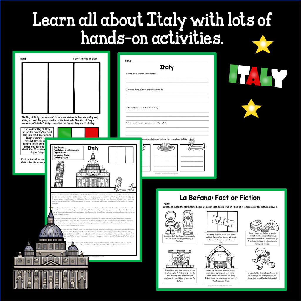 Color the flag of Italy, an Italy facts page and a La Befana fact or fiction sorting activity