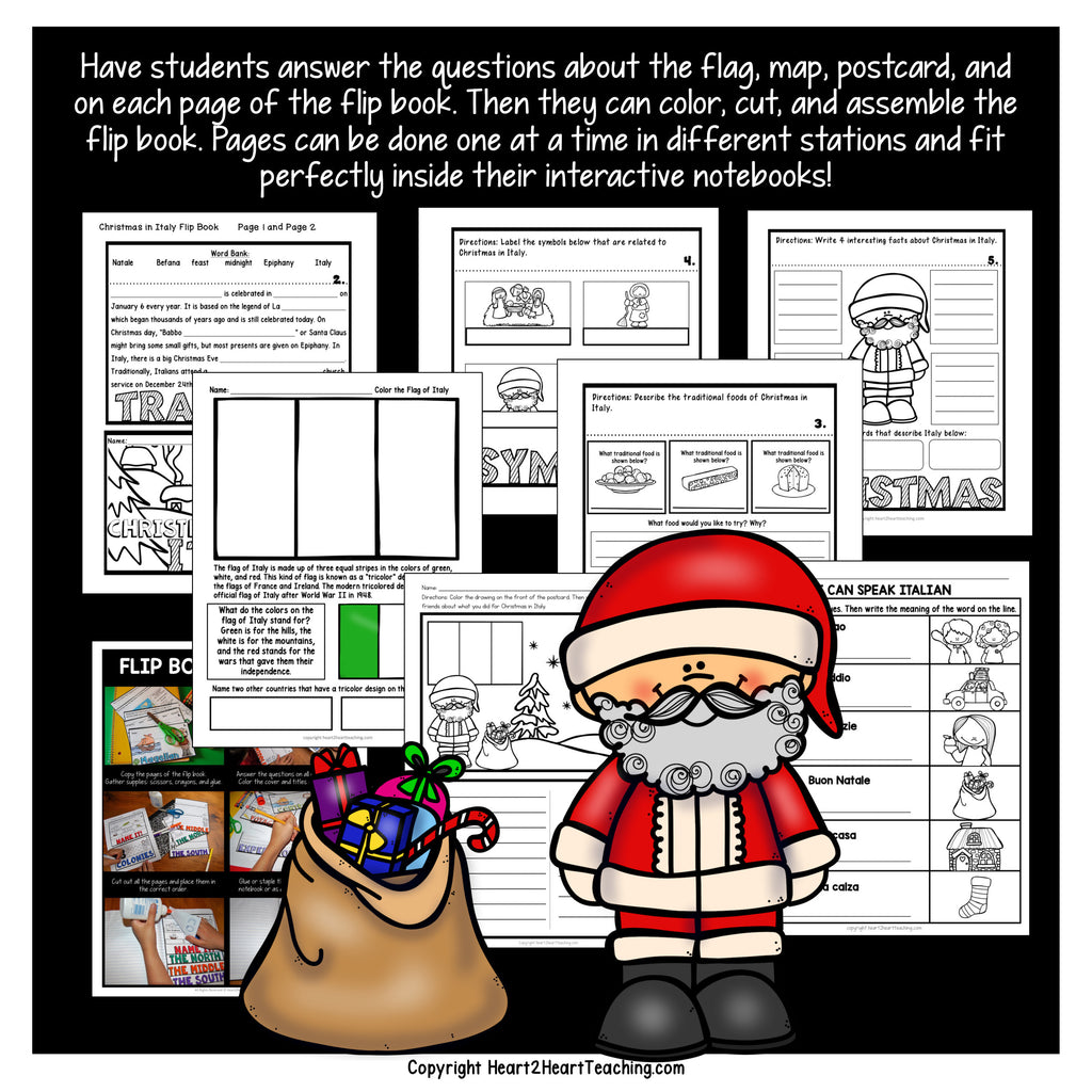 Christmas in Italy flip book pages covering traditions, symbols, the Italian flag and holiday words