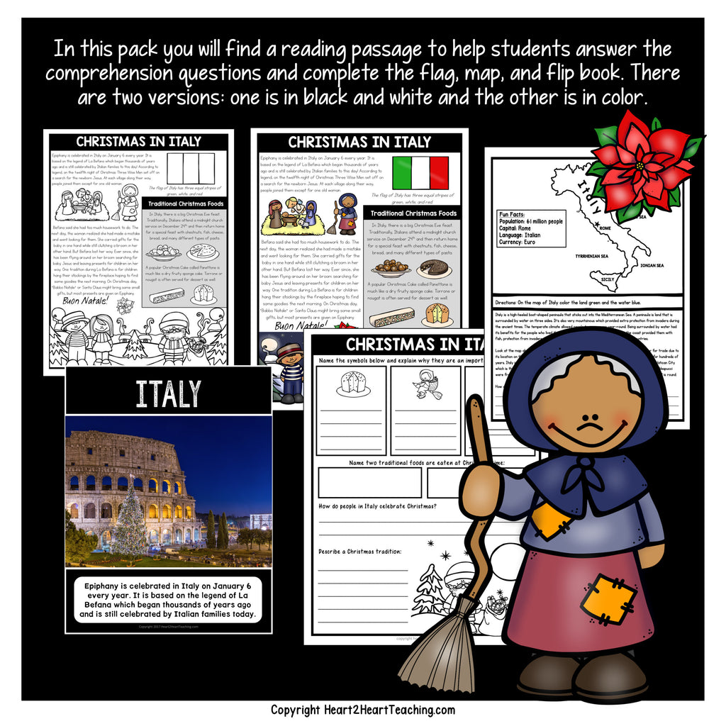 Christmas in Italy reading passage in color and blackline with Italy flag and map fact worksheets