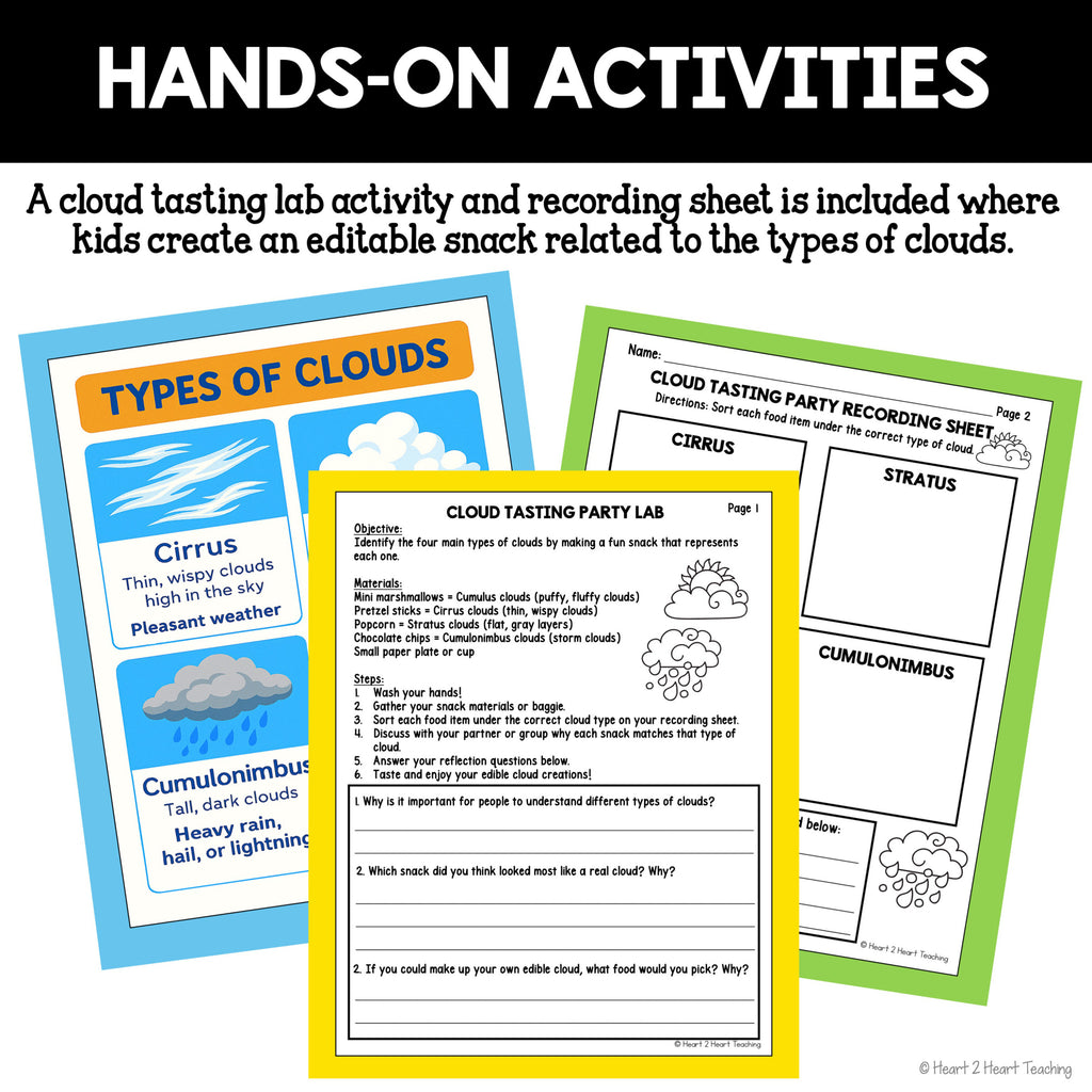 Cloud tasting party lab with edible snack activity and a recording sheet sorting snacks by cloud type