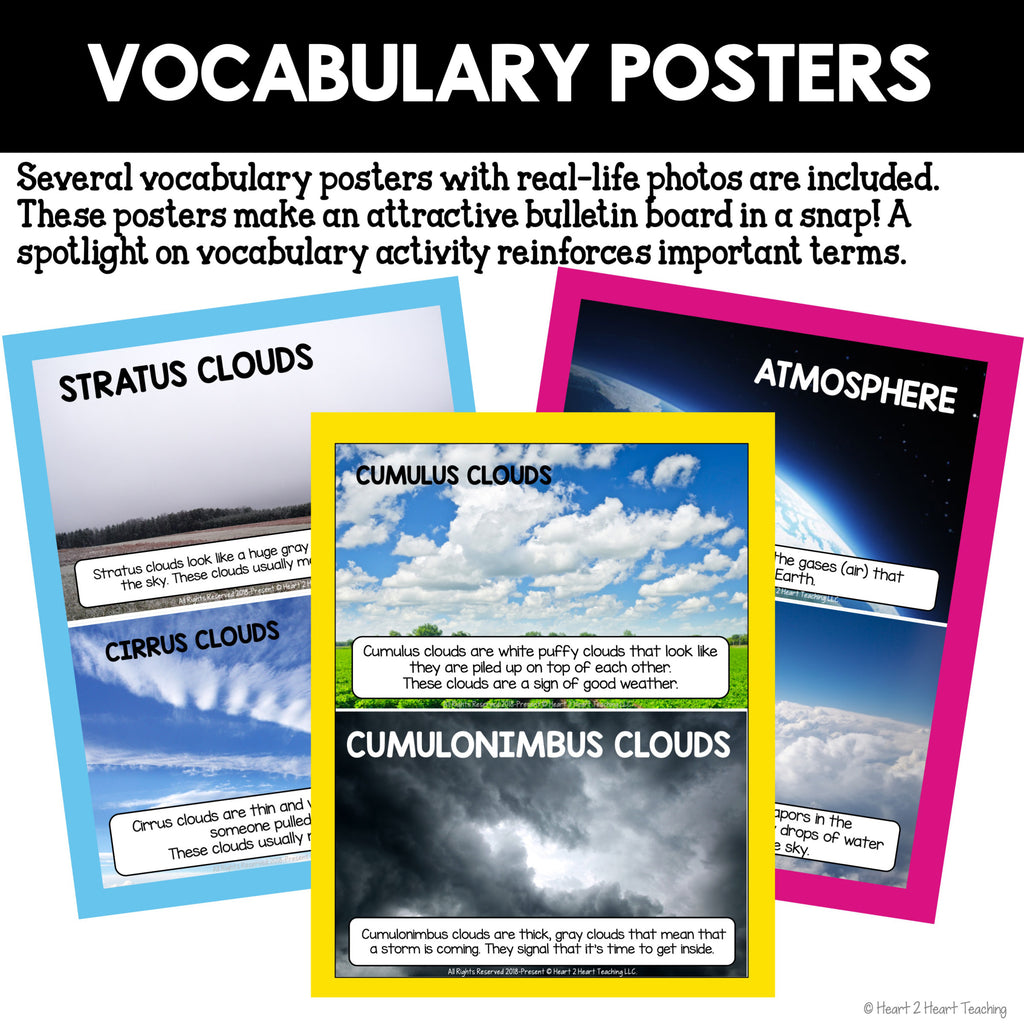Cloud vocabulary posters with real photographs of stratus, cirrus, cumulus and cumulonimbus clouds