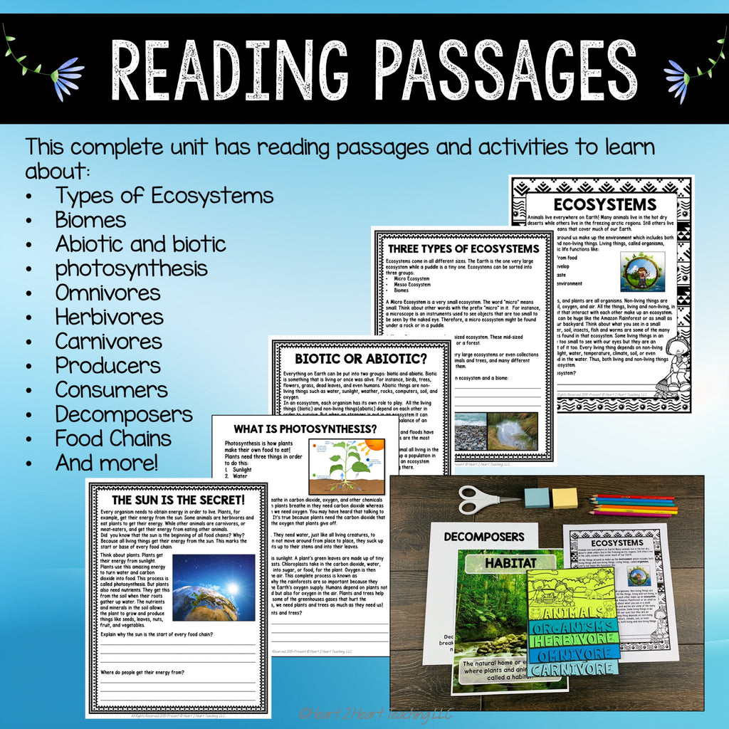 Reading passages on types of ecosystems, biotic and abiotic, photosynthesis and why the sun is the secret