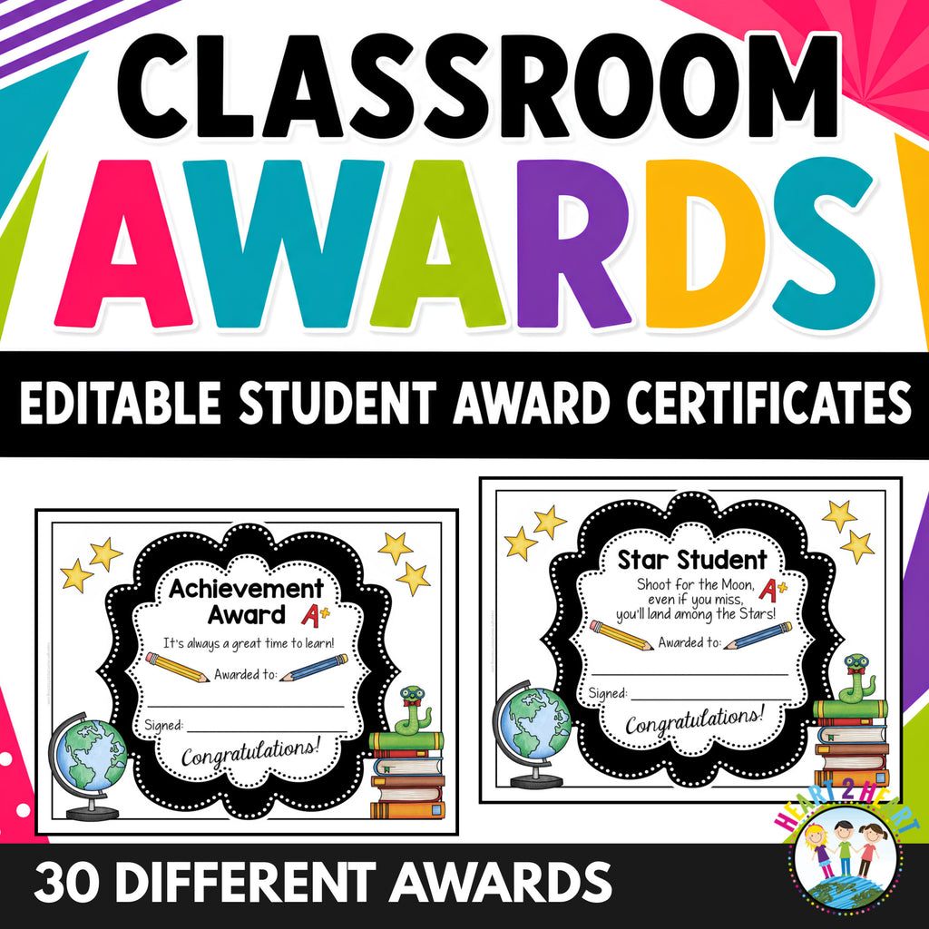 Editable classroom award certificates pack with 30 printable student awards including Achievement Award and Star Student