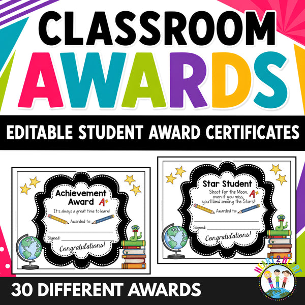 Editable classroom award certificates pack with 30 printable student awards including Achievement Award and Star Student