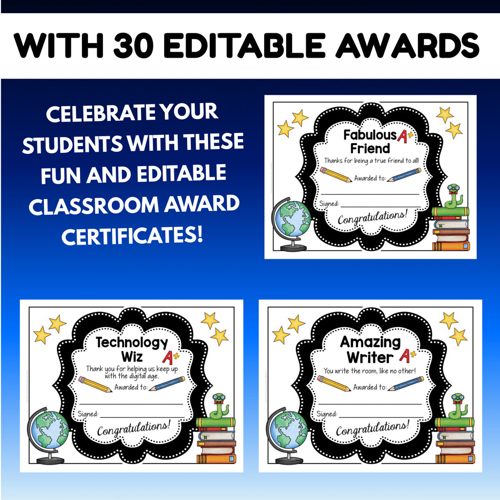 Editable award certificates for Fabulous Friend, Technology Wiz and Amazing Writer with blank name and signature lines
