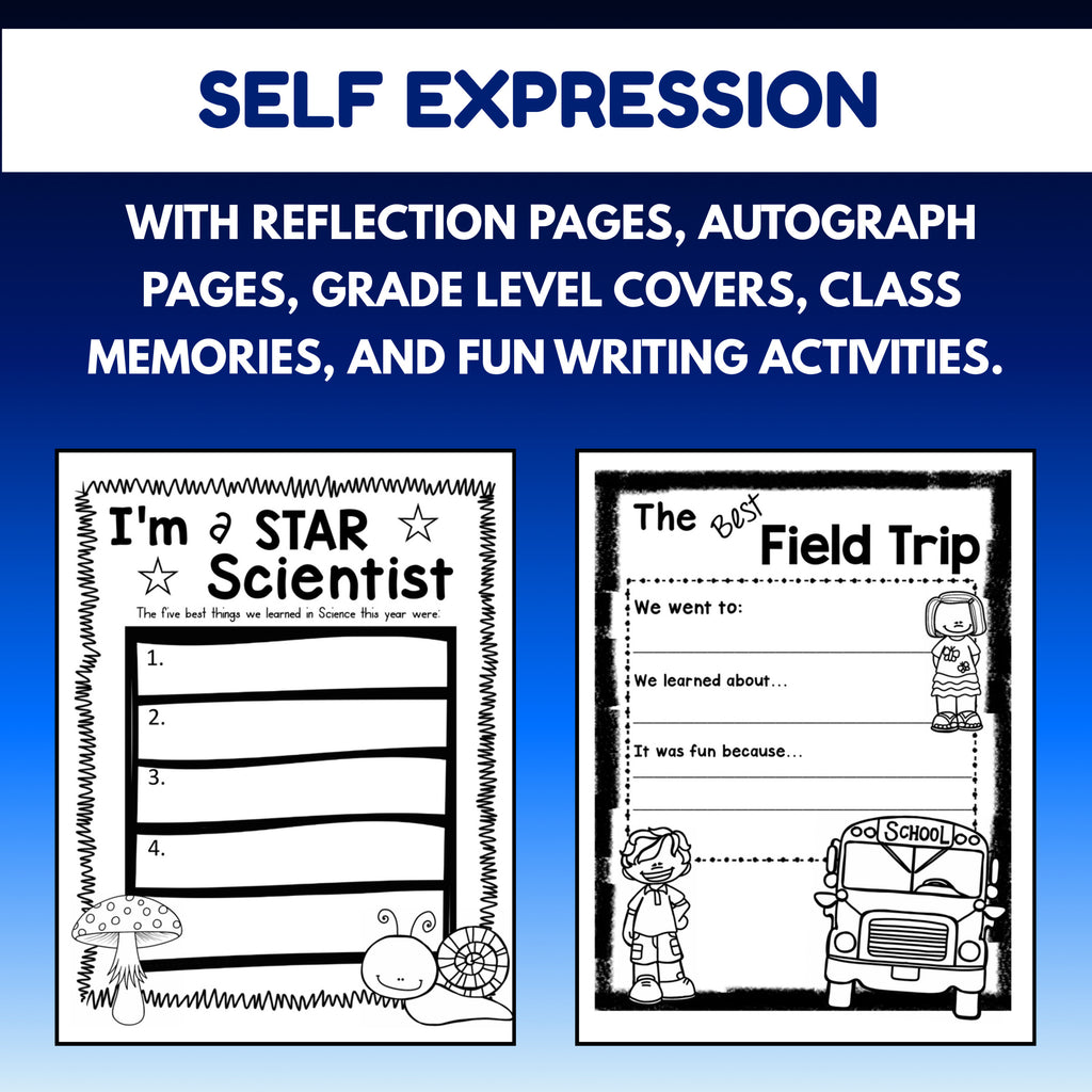 Memory book reflection and self expression pages including autograph pages and grade level covers
