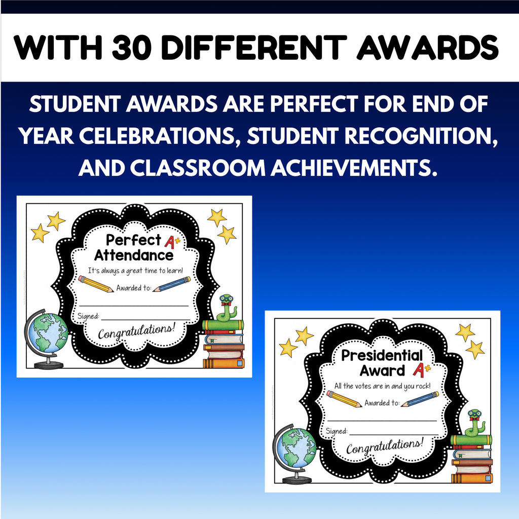 Perfect Attendance and Presidential Award certificates for end of year classroom recognition