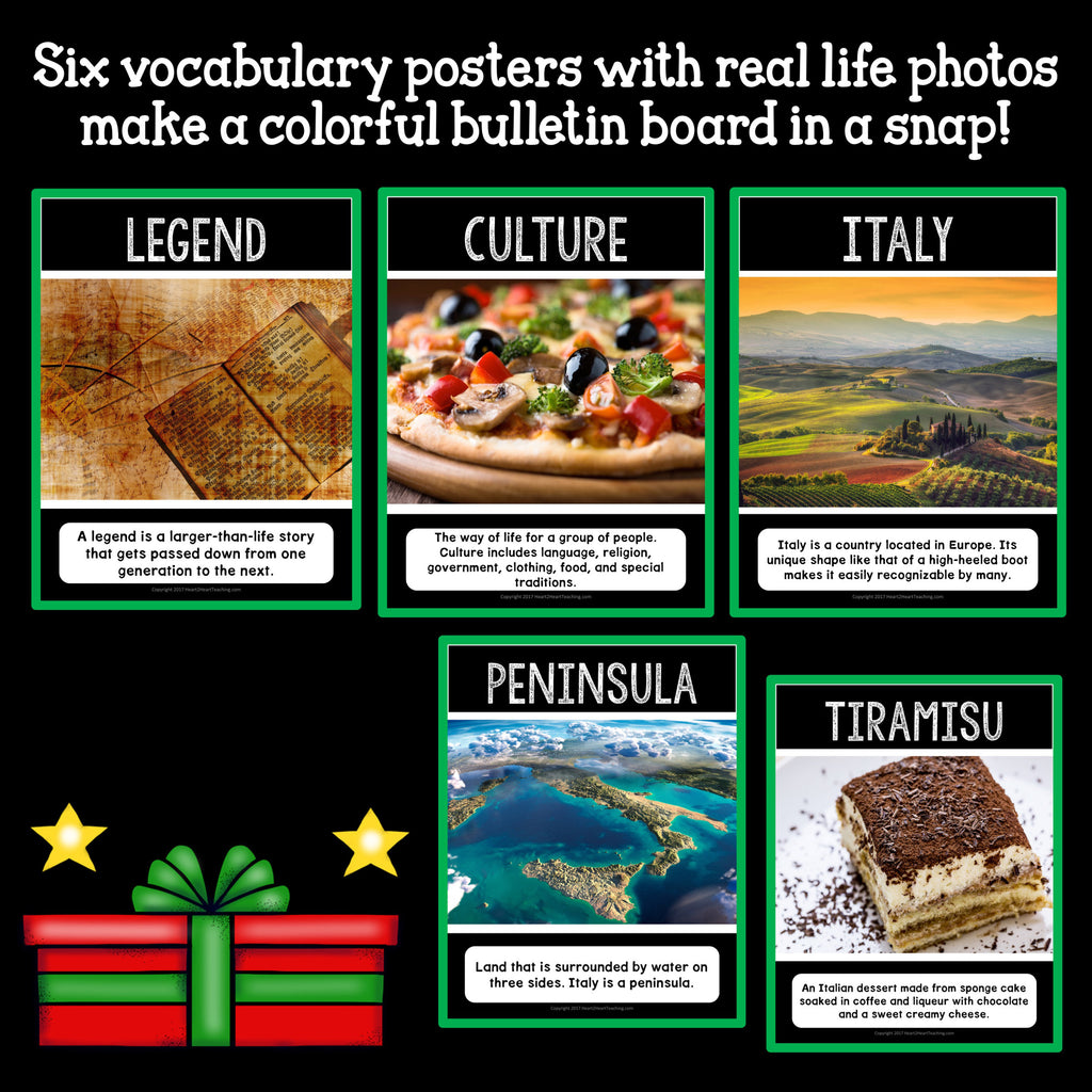 Italy vocabulary posters with real photos for legend, culture, Italy, peninsula and tiramisu