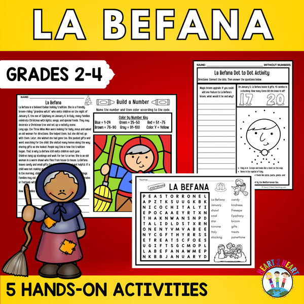 La Befana Christmas in Italy activity pack for grades 2 to 4 with reading passage, color by number and word search