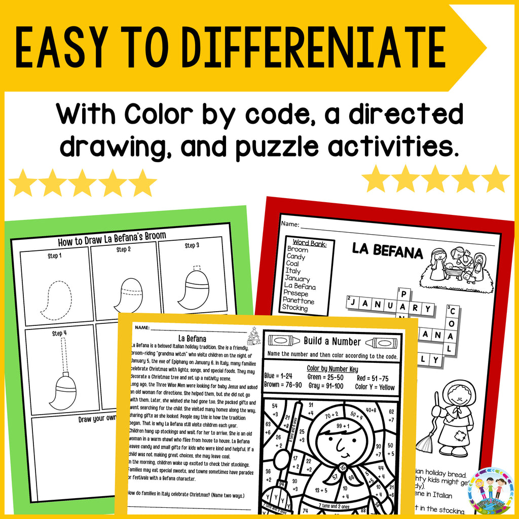 How to draw La Befana's broom directed drawing, crossword puzzle and color by code page