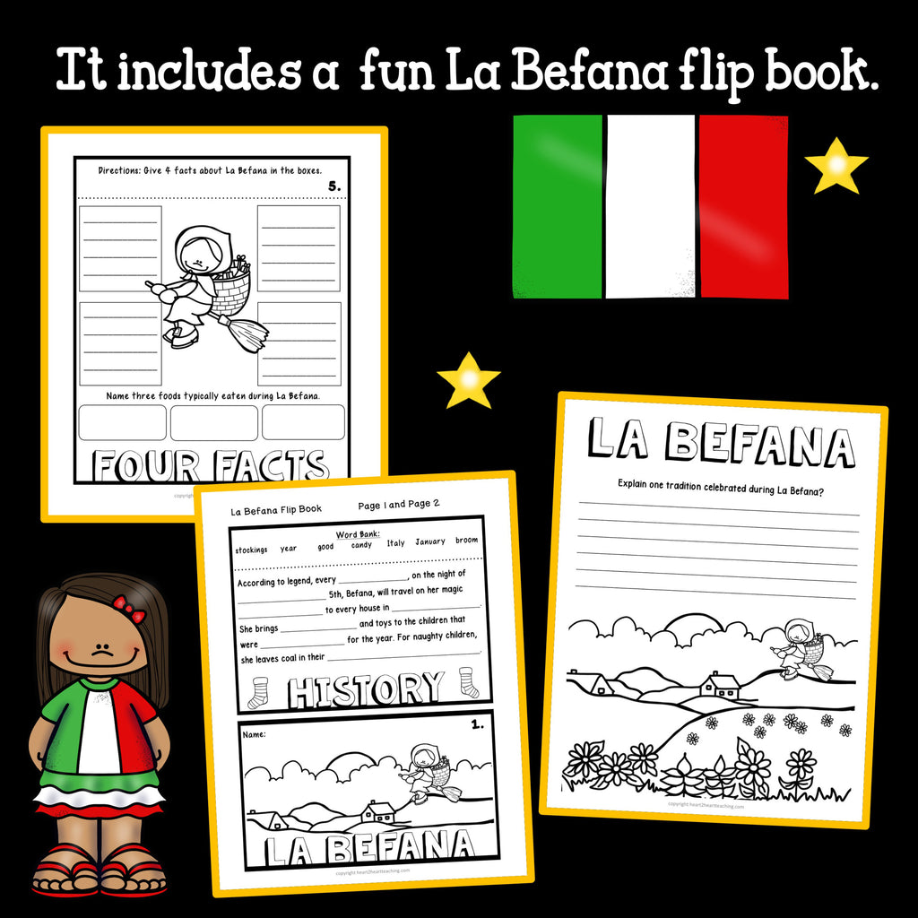 La Befana flip book pages with a four facts organizer and a fill in the blank history page