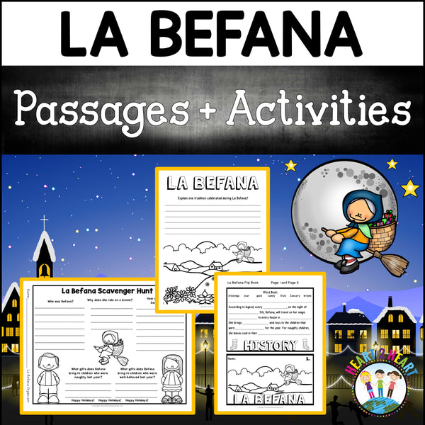 La Befana passages and activities unit cover with scavenger hunt, flip book and coloring pages