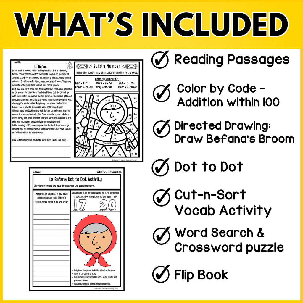 La Befana reading passage, color by code addition within 100, directed drawing and dot to dot activities