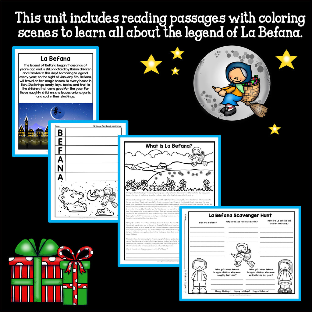 La Befana reading passages with coloring scenes, an acrostic organizer and a scavenger hunt worksheet
