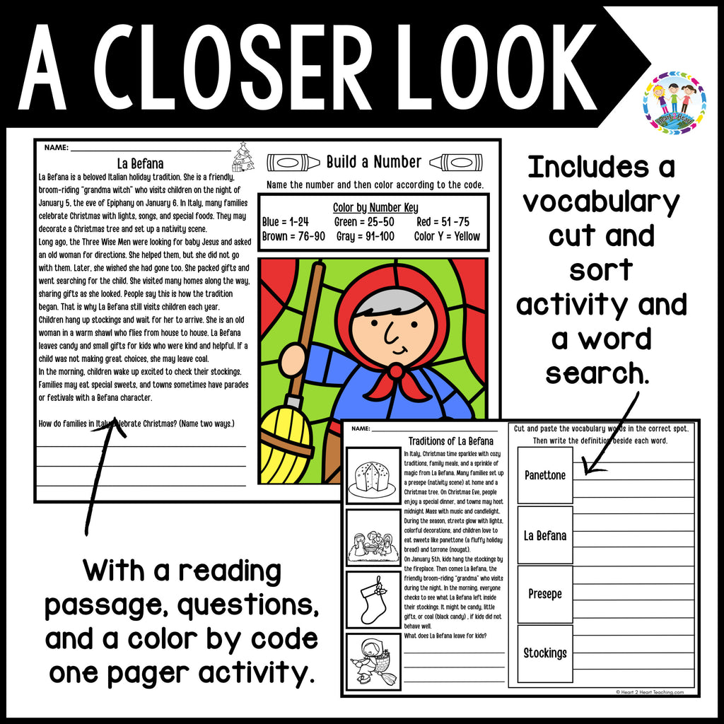 La Befana vocabulary cut and sort activity with panettone and presepe, plus a word search