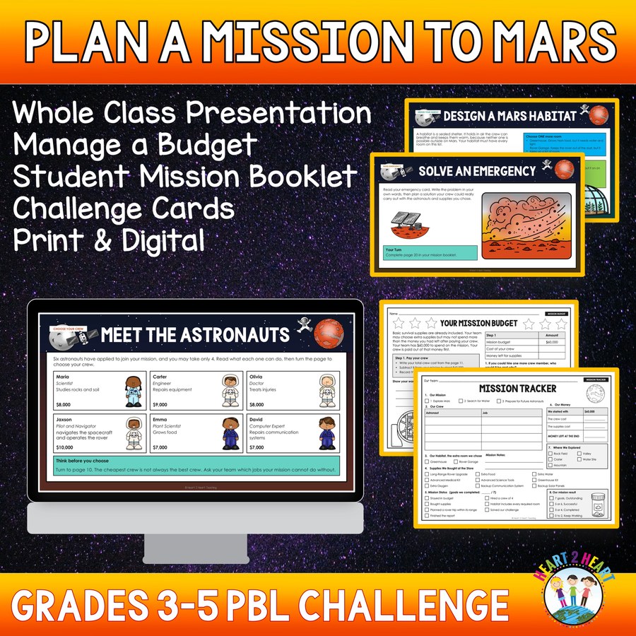 Plan a Mission to Mars cover showing the Meet the Astronauts slide on a monitor, two more slides and two student booklet pages