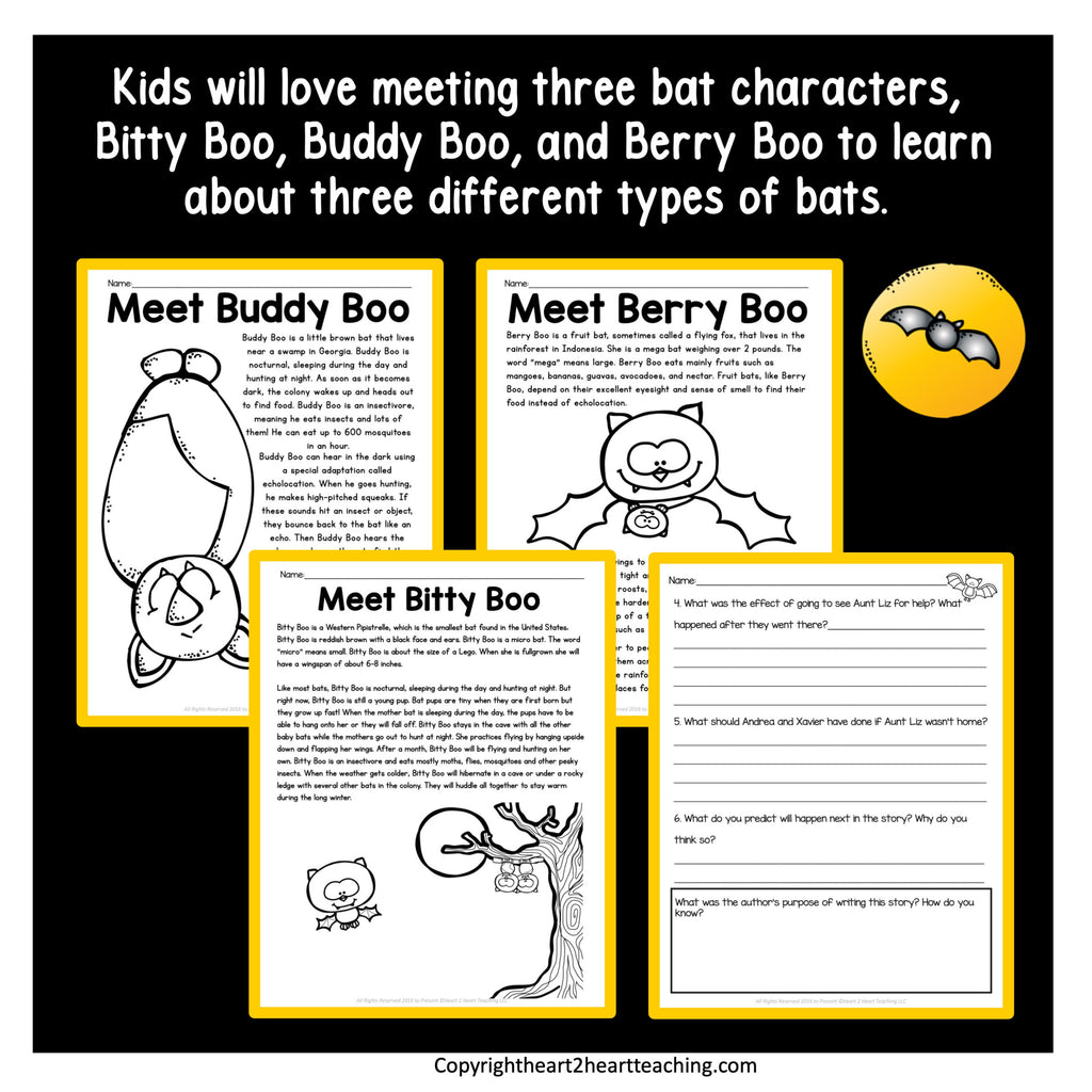 Meet Bitty Boo, Buddy Boo and Berry Boo passages introducing three different types of bats