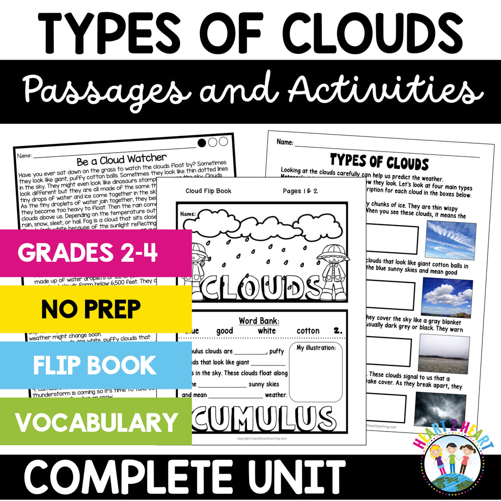 Types of clouds passages and activities unit for grades 2 to 4 with flip book and vocabulary