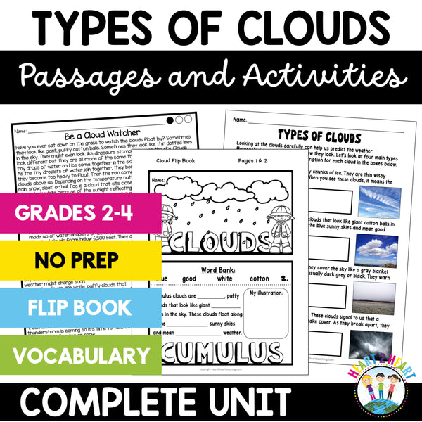 Types of clouds passages and activities unit for grades 2 to 4 with flip book and vocabulary