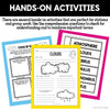 Hands-on cloud station activities with comprehension questions and a cut and paste vocabulary flap book
