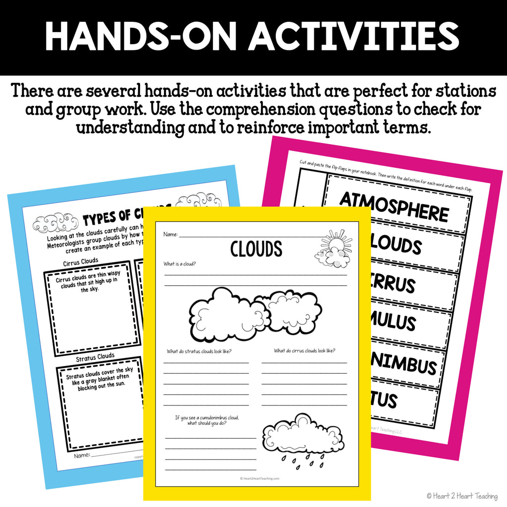 Hands-on cloud station activities with comprehension questions and a cut and paste vocabulary flap book