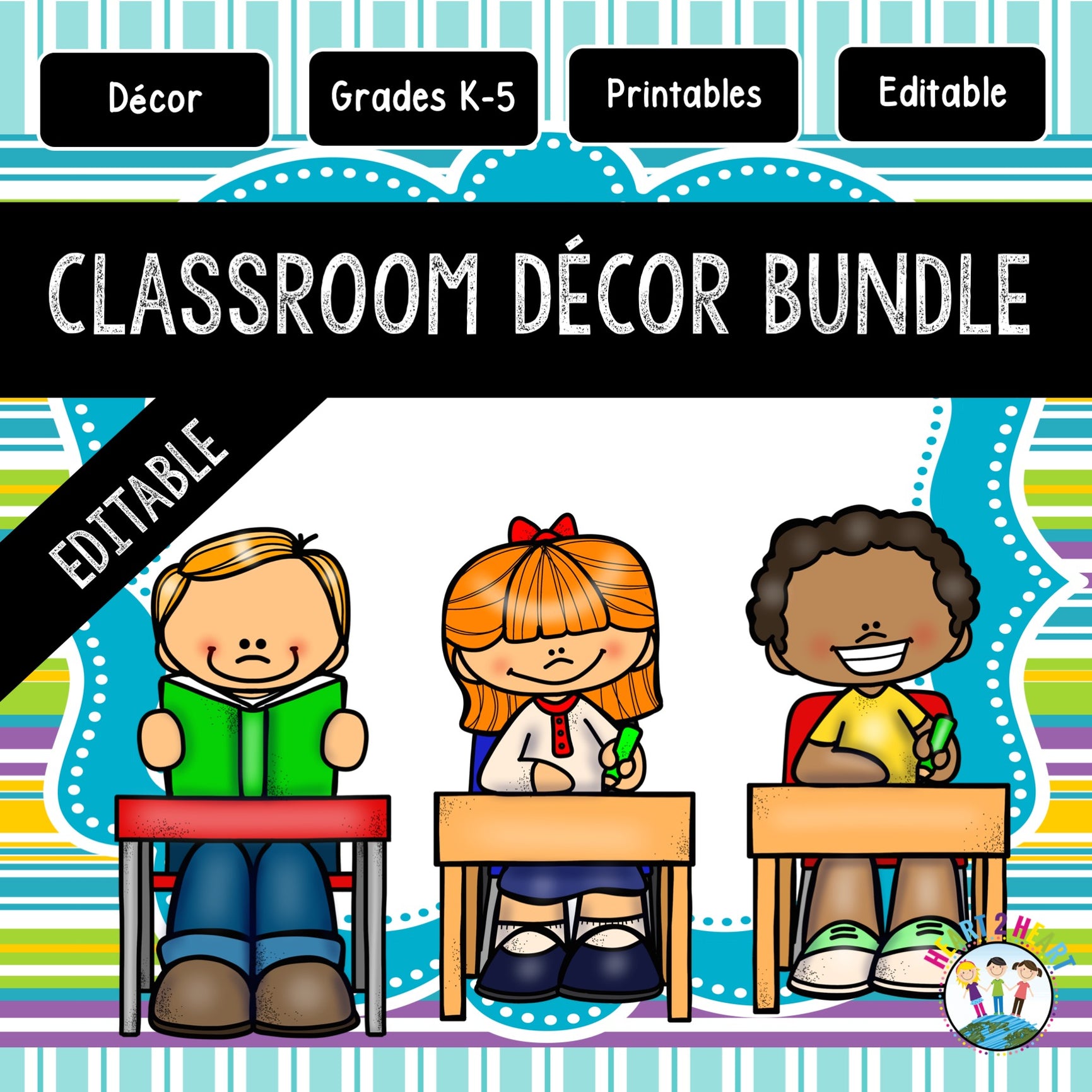 Turquoise, Lime Green, Purple Striped Classroom Decor Pack #13: Everyt